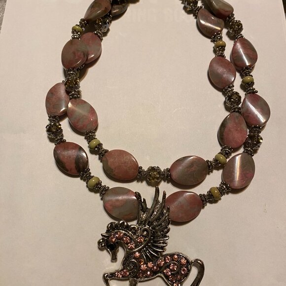 Western Necklace - Chunky Pink w/rhinestone Pegasus horse pendant w/wings. Wow - Picture 2 of 9